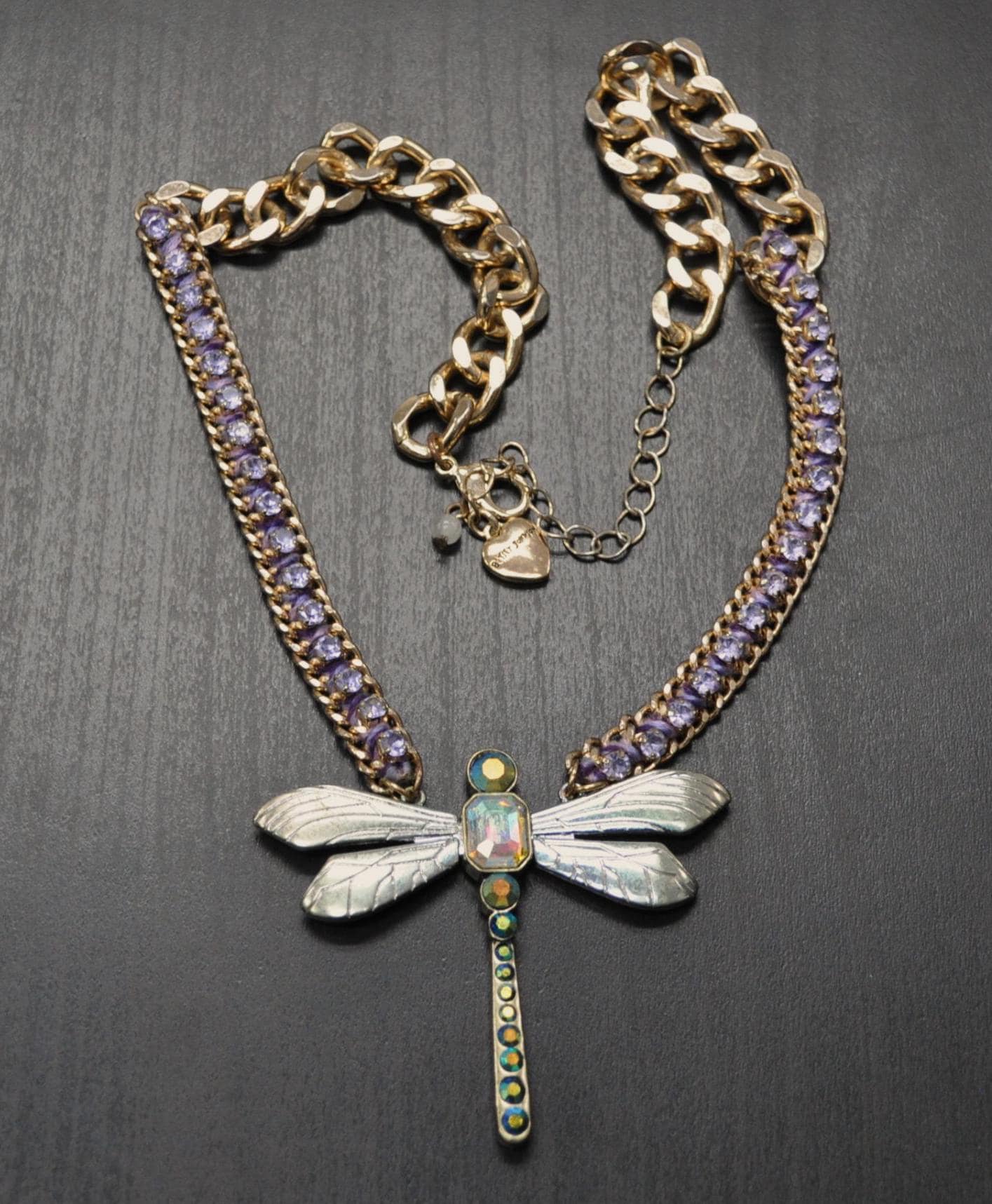 Vintage Betsey Johnson Statement Rhinestone Dragonfly Necklace - Betsey Johnson Chunky Necklace - Vintage Betsey Johnson Dragonfly Necklace