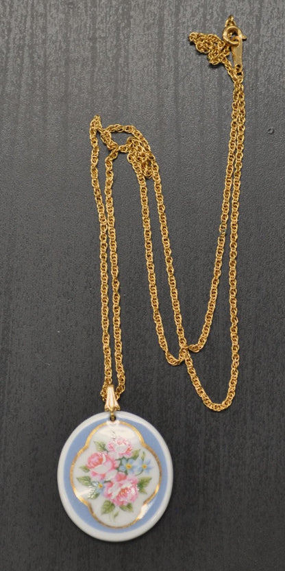 Vintage Avon Gold-Toned Blue Porcelain Floral Design Necklace - Avon Rose Necklace - Vintage Avon Gold Rose Ceramic Pendant Necklace