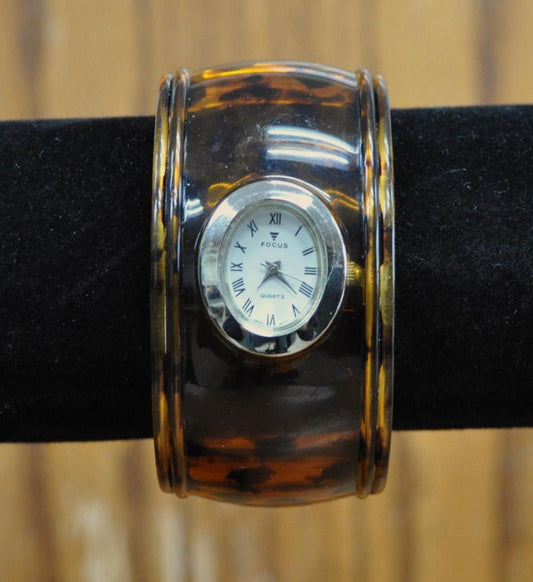 Vintage Focus 4862 Quartz Tortoise Bangle Bracelet Watch - Working, New Battery - Focus Japan Movement 4862 Design Bangle Watch