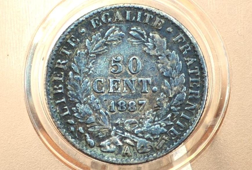 1887 French 50 Centimes - Silver - XF - Rarer Coin in Higher Grades - Silver France Fifty Centimes 1887