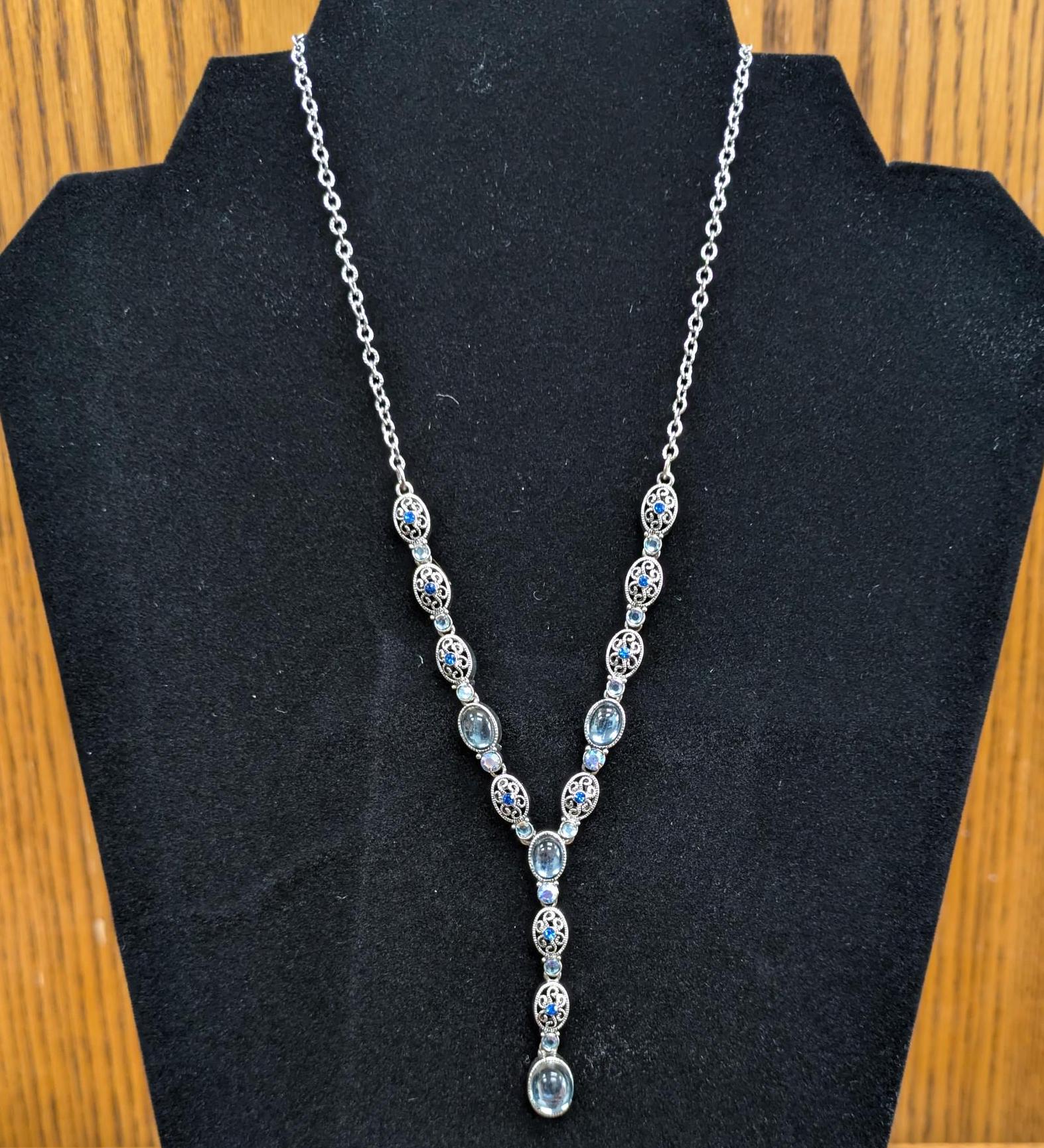 Vintage Avon Silver-Toned Blue Glass Cabochon Choker Y Drop Necklace - Avon Signed Necklace - Vintage Avon Silver Blue Y-Drop Necklace