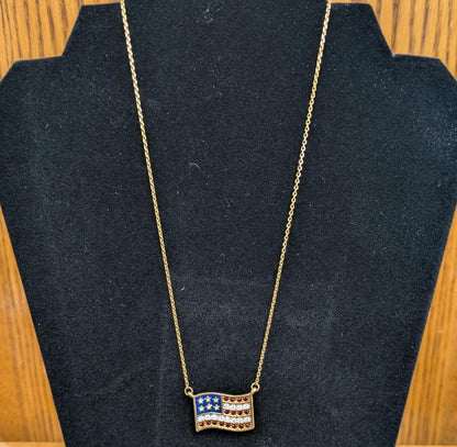 Vintage Avon Gold-Toned American Flag Rhinestone Pendant Necklace - Avon Signed Necklace - Avon Gold America Rhinestone Flag Necklace