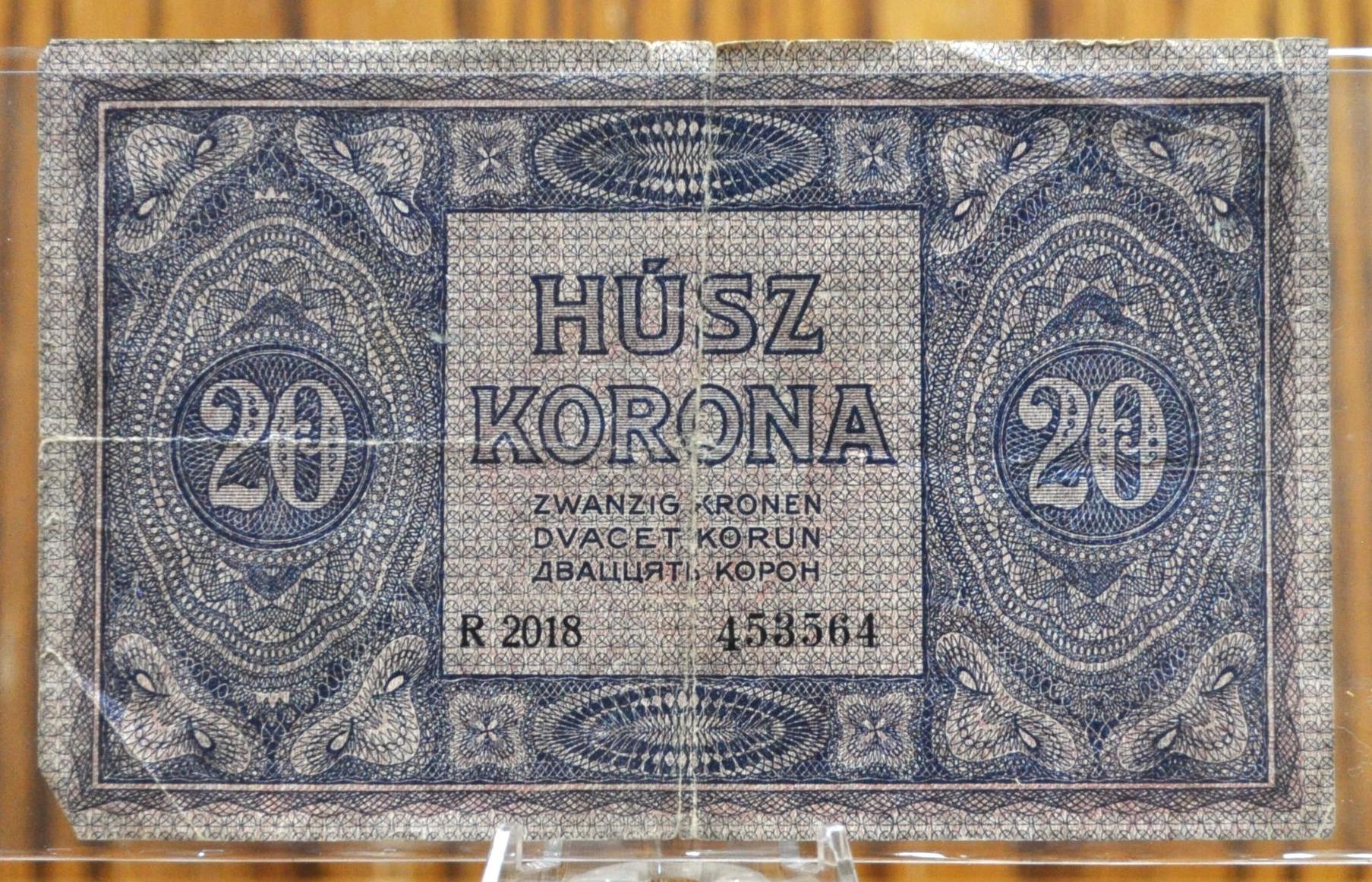 1919 Hungary 20 Korona Note - Rare Post-WWI Hungary Banknote - Second Issue Note, August Date - 1919 Hungarian Twenty Korona Note - P#42