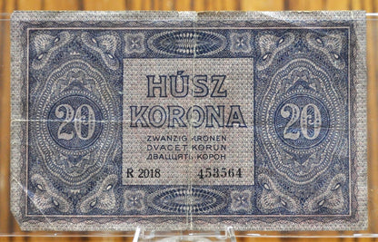 1919 Hungary 20 Korona Note - Rare Post-WWI Hungary Banknote - Second Issue Note, August Date - 1919 Hungarian Twenty Korona Note - P#42