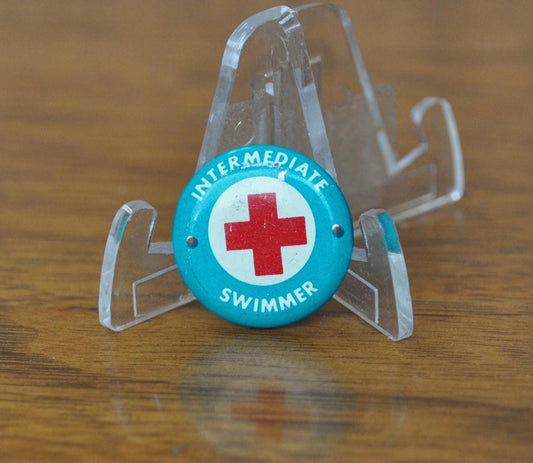 Vintage Red Cross Intermediate Swimmer Pin - 3/4" Length Teal Pin - Antique Intermediate Swimmer Red Cross Pinback Button