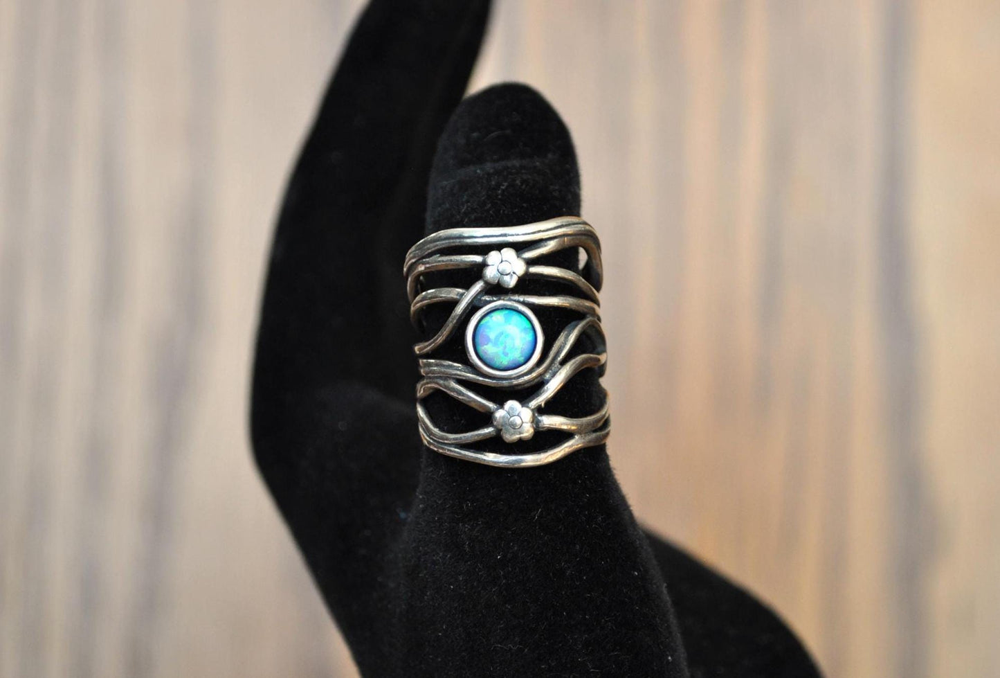 Rare Israeli Blue Opal Didae Shablool 925 Sterling Silver Flower Ring - Size 6.5 - Israeli Ring