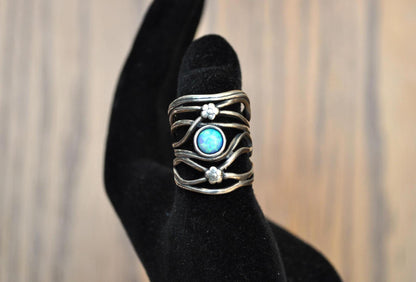 Rare Israeli Blue Opal Didae Shablool 925 Sterling Silver Flower Ring - Size 6.5 - Israeli Ring