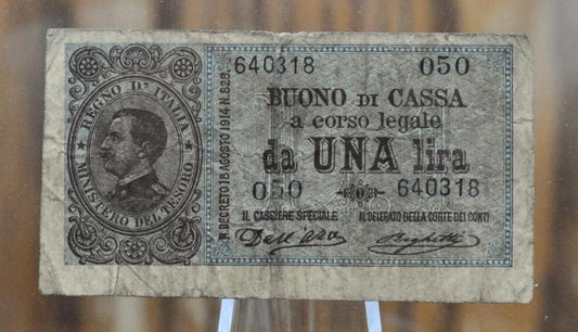 1914 Italy 1 Lire Banknote - King Vittorio Emanuel III - Series 050 - Very Fine (VF) - 1914 Italian One Lire Una Lire Note - P#36a