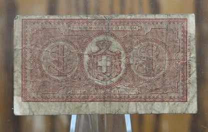 1914 Italy 1 Lire Banknote - King Vittorio Emanuel III - Series 050 - Very Fine (VF) - 1914 Italian One Lire Una Lire Note - P#36a