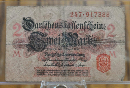 1914 2 Mark German Note - Darlehnskassenschein - Fine Condition - WWI era note - Red Seal and Underprint - 1914 Two Mark Germany Note - P#54