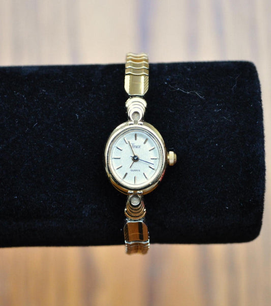 Vintage Timex Gold Toned 19mm Ladies Watch - Glitter Dial, Expansion Stretch Band - Dainty Timex Gold Glitter Dial Ladies Watch - No Battery