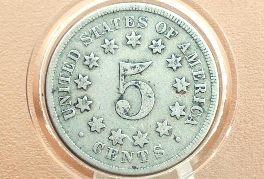 1867 Shield Nickel Without Rays - VG-F (Very Good to Fine) Details, Hole Drilled - 1867 US Nickel -Shield Type Nickel 1800's- Shield Nickels