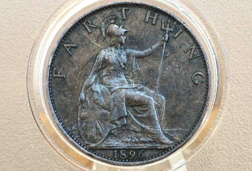 1896 Farthing Great Britain - AU, Beautiful Coin - UK Farthing 1896 - Queen Victoria Old Head - Bronze