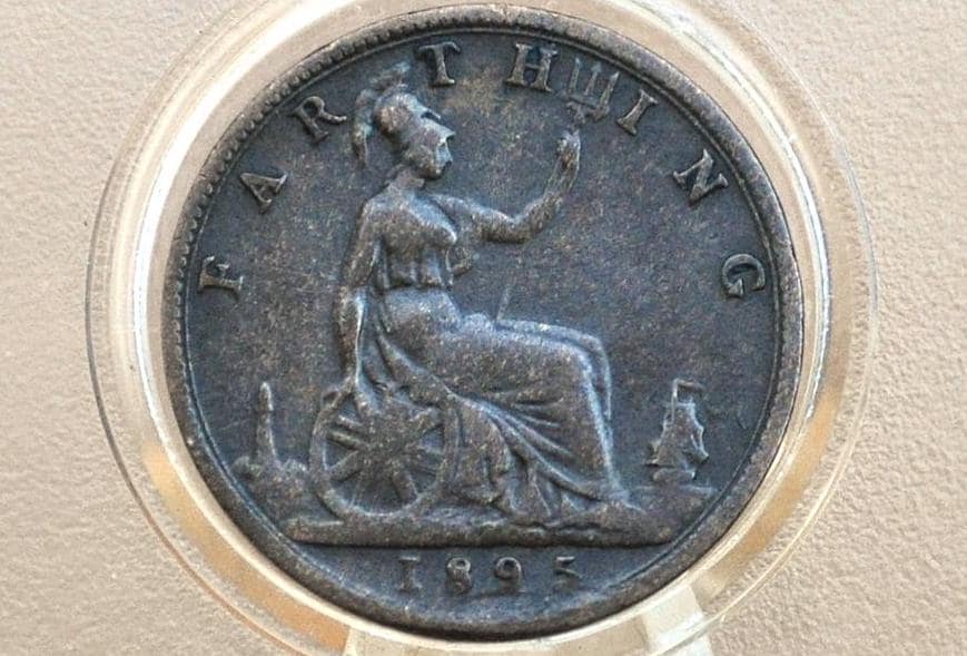 1895 Farthing Great Britain, Second Portrait - VF, Great Coin - UK Farthing 1895 Bun Head - Queen Victoria Young Head - Bronze