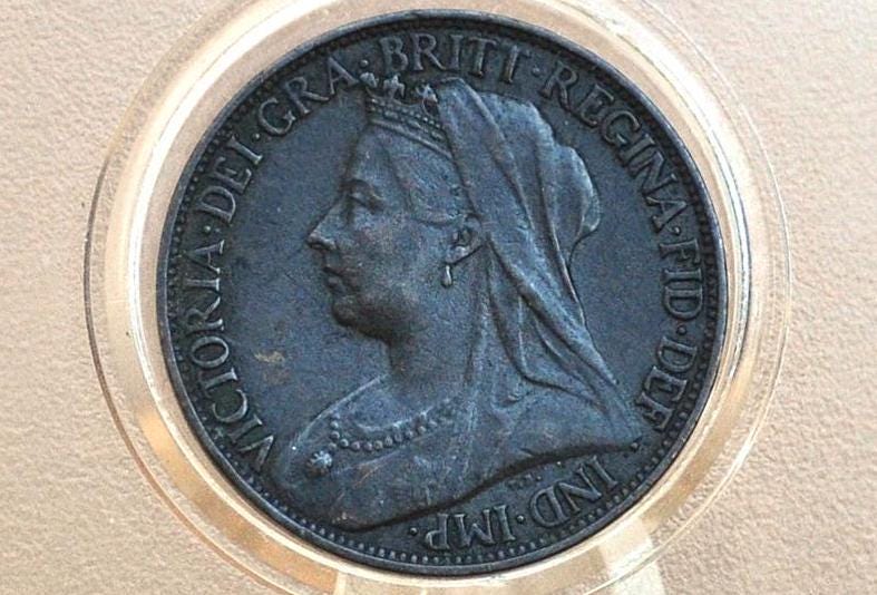 1898 Farthing Great Britain - XF+, Great Coin - UK Farthing 1898 - Queen Victoria Old Head - Bronze