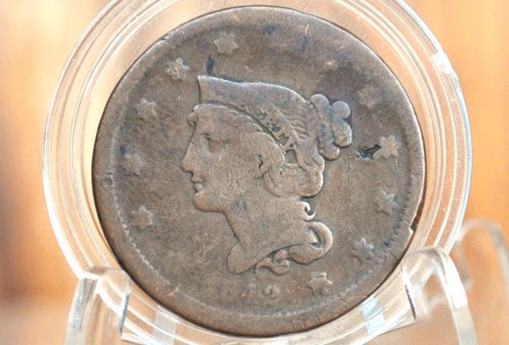 1842 Braided Hair Large Cent - G (Good), Small Date Type - 1842 Coronet Cent - 1842 US Large Cent - Braided Hair 1839 to 1857