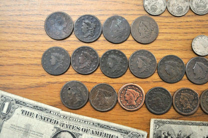 Old US Coin & Paper Currency Lot, Exact Items Photographed - Priced to Sell - Large Cents, Two Cent, Shield Nickels, V Nickels, Seated Dimes