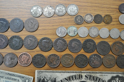 Old US Coin & Paper Currency Lot, Exact Items Photographed - Priced to Sell - Large Cents, Two Cent, Shield Nickels, V Nickels, Seated Dimes
