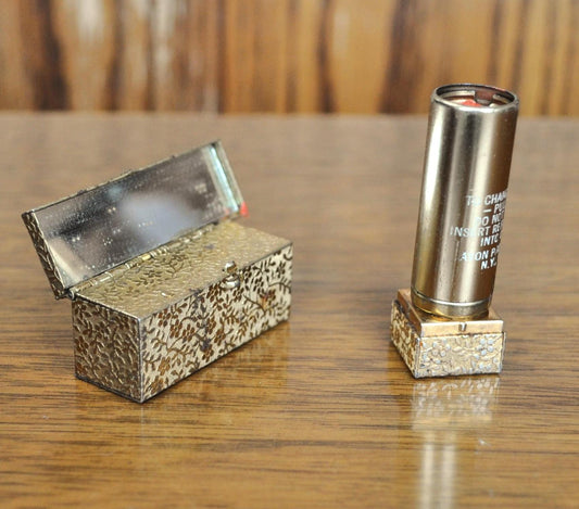 Vintage Avon Refillable Gold Tone Floral Lipstick Compact - With Lipstick, Tender Amber - 1950s Gold Tone Compact Mirror Lipstick Holder