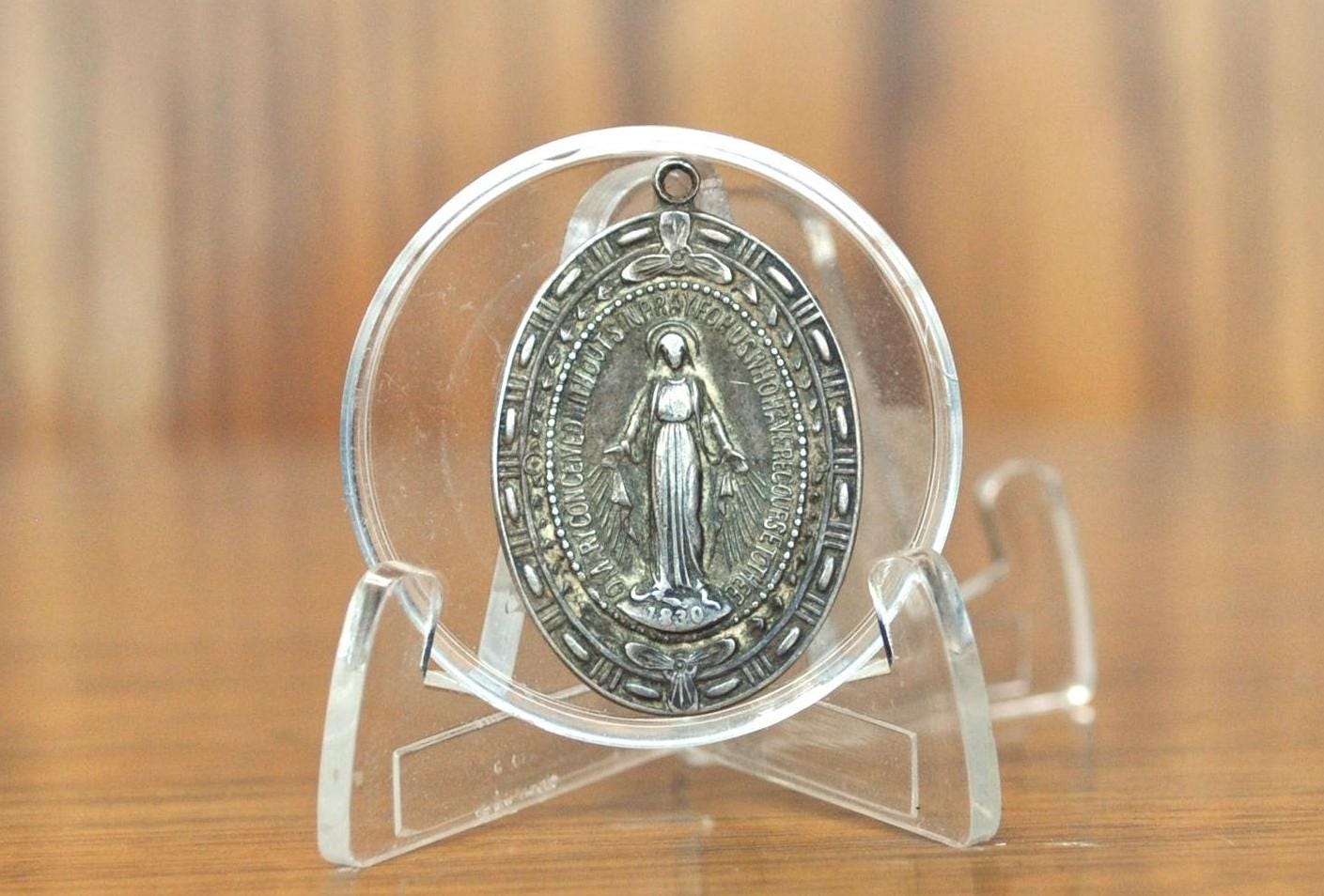 Vintage HMH Religious Mary Mother of Jesus Pendant 1830- Catholic Miraculous Pendant Sterling Creed - Virgin Mary Sterling Creed HMH Charm