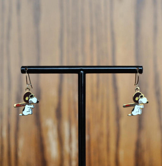 Vintage Aviva Peanuts Gold Tone Enamel Snooky Ski Earrings - United Features - Stunning Skiing Snoopy Aviva Enamel Dangle Earrings
