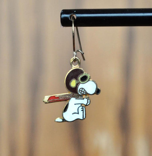 Vintage Aviva Peanuts Gold Tone Enamel Snooky Ski Earrings - United Features - Stunning Skiing Snoopy Aviva Enamel Dangle Earrings