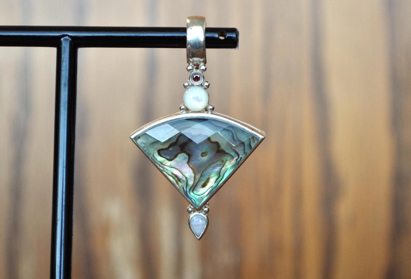 Mesmerizing Whitney Kelly 925 Sterling Silver MOP Garnet Moonstone Enhancer Pendant - Vintage 925 Whitney Kelly Jewelry - Lovely Piece