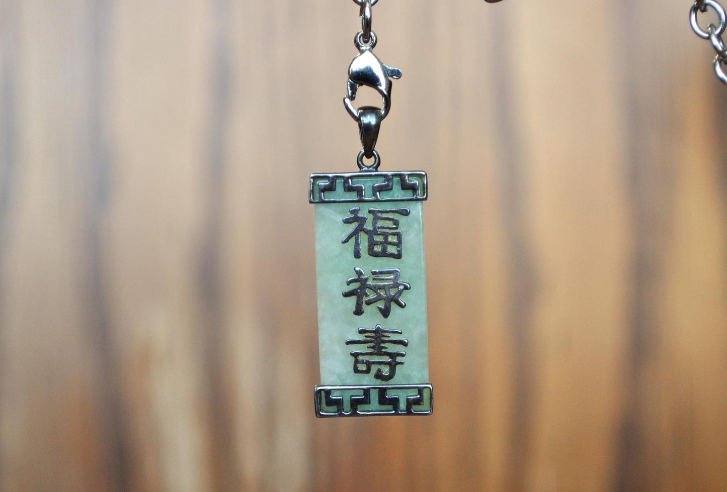 Vintage 925 Sterling Silver Jade Green Fu, Lu, and Shou Taoism Religious Pendant - Sterling Silver Jade Pendant - Mandarin Taoism Pendant