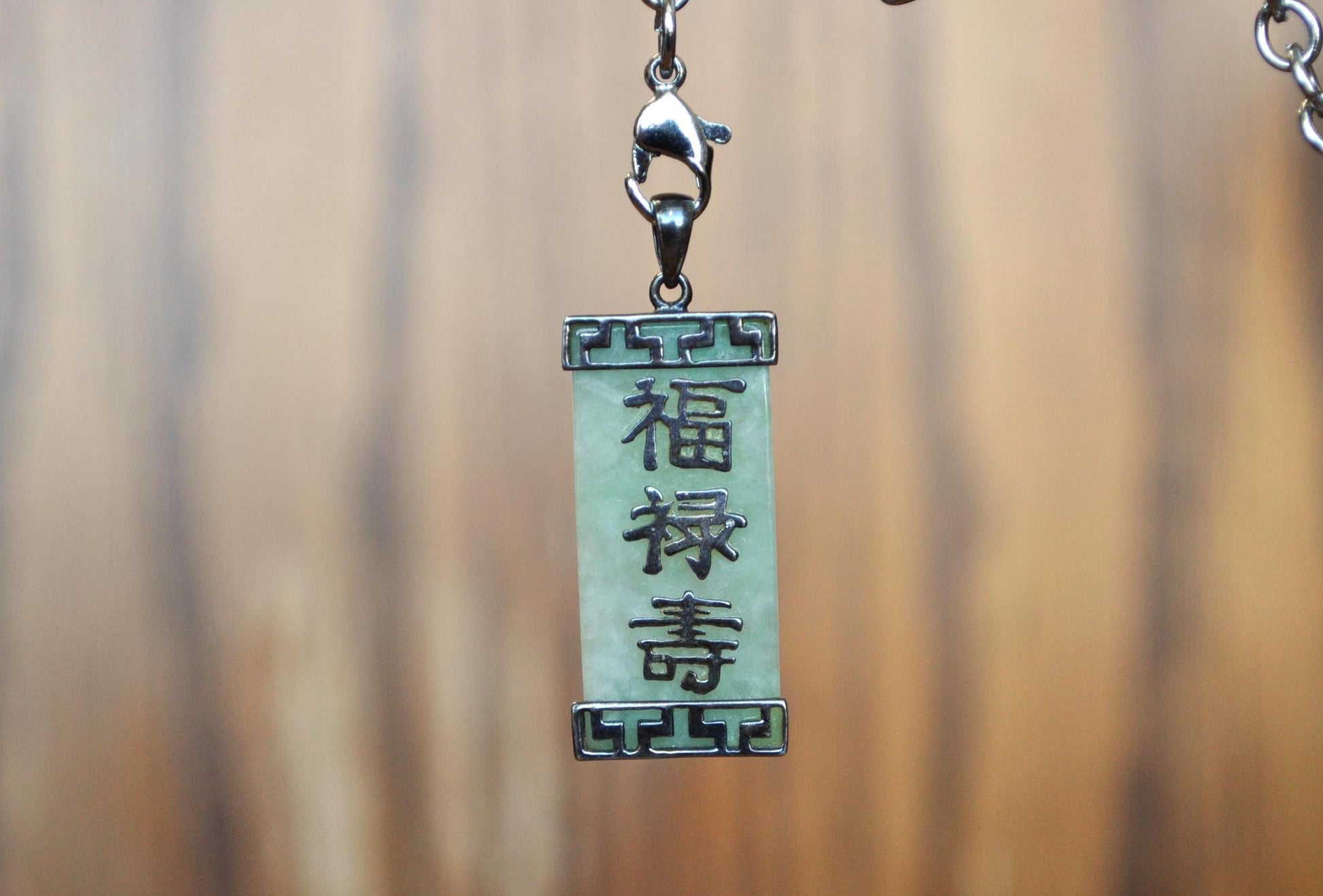 Vintage 925 Sterling Silver Jade Green Fu, Lu, and Shou Taoism Religious Pendant - Sterling Silver Jade Pendant - Mandarin Taoism Pendant