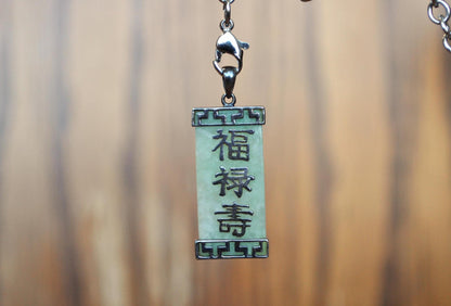 Vintage 925 Sterling Silver Jade Green Fu, Lu, and Shou Taoism Religious Pendant - Sterling Silver Jade Pendant - Mandarin Taoism Pendant