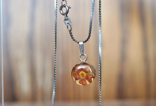 Beautiful 925 Sterling Silver Resin Encased Marigold Necklace - Marigold Encased in Resin Necklace - Approximately 18 mm