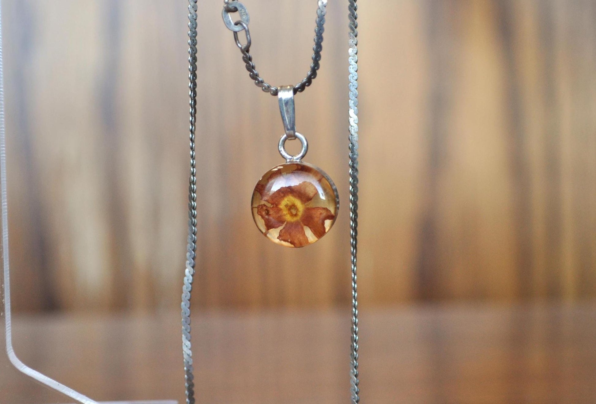 Beautiful 925 Sterling Silver Resin Encased Marigold Necklace - Marigold Encased in Resin Necklace - Approximately 18 mm