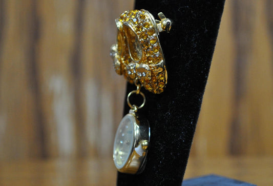 Antique Aldolfo Watch Pin With Gold Tone Dangling Shoes Pin - Gold Tone Shoes Pin Watch - Does Not Work!