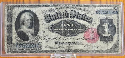 1891 1 Dollar Silver Certificate Martha Washington - Choice Fine (F+) - Rare 1891 Large Size One Dollar Washington Silver Cert Note - Fr.223