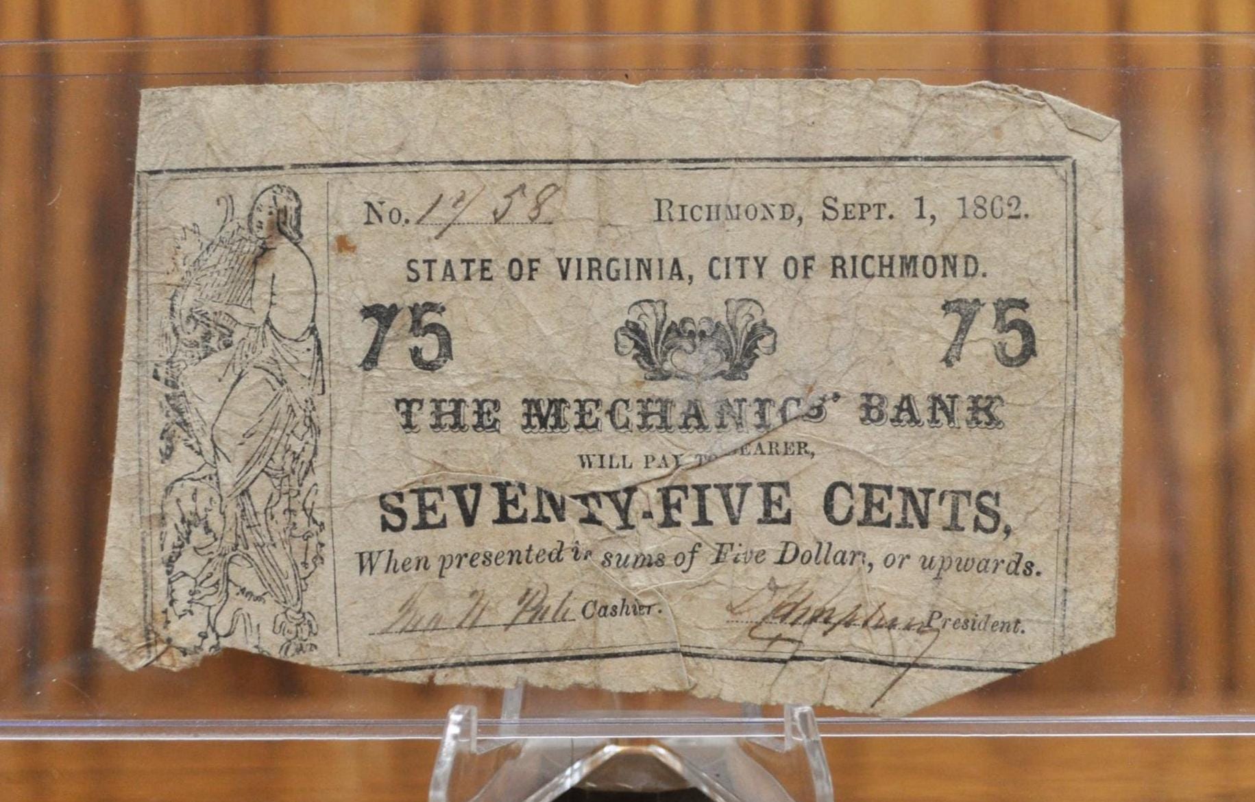 1862 Mechanics Bank 75 Cent Fractional Currency - F (Fine) Condition - Civil War Era Virginia Seventy-Five Cents Fractional Note 1862