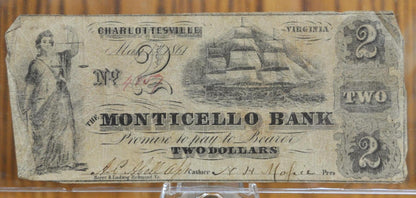 1861 Monticello Bank 2 Dollar Obsolete Note - Charlottesville Virginia Obsolete - May 1st Issue Date - 1861 Monticello Two Dollar Note