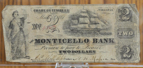 1861 Monticello Bank 2 Dollar Obsolete Note - Charlottesville Virginia Obsolete - May 1st Issue Date - 1861 Monticello Two Dollar Note