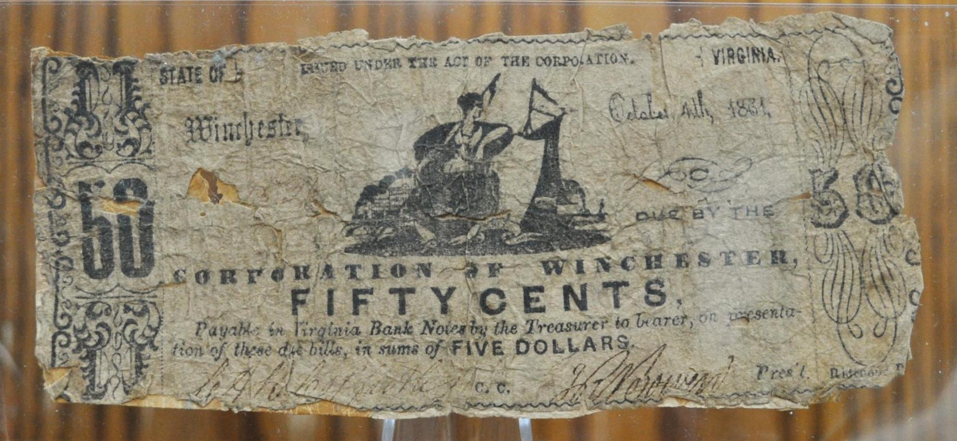 1861 Corporation of Winchester 50 Cent Fractional Note - G (Good) Condition - Virginia Obsolete Currency - 1861 Winchester Fifty Cents Note
