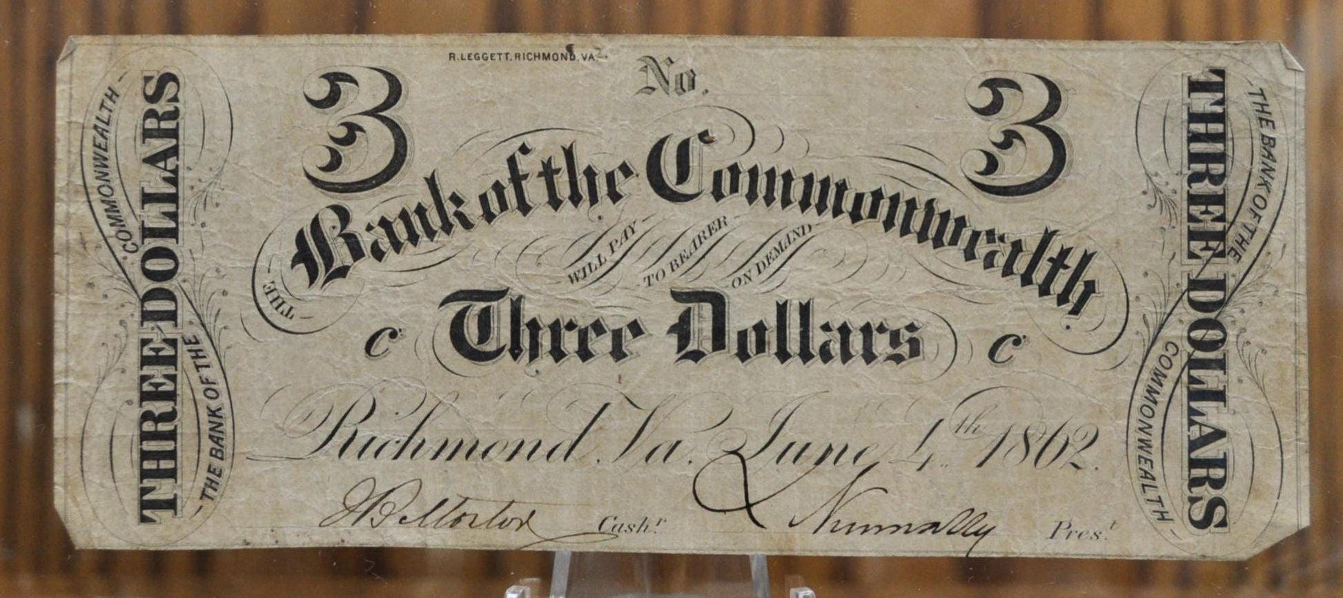 1862 Bank of the Commonwealth 3 Dollar Note - Virginia Obsolete Currency - June 4, 1862 - 1862 Three Dollar Richmond VA Civil War Bank Note