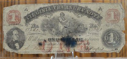 1862 Virginia Treasury Note 1 Dollar Obsolete Banknote - Virginia Confederate Currency - May 15 1862 One Dollar VA Civil War Era Bank Note