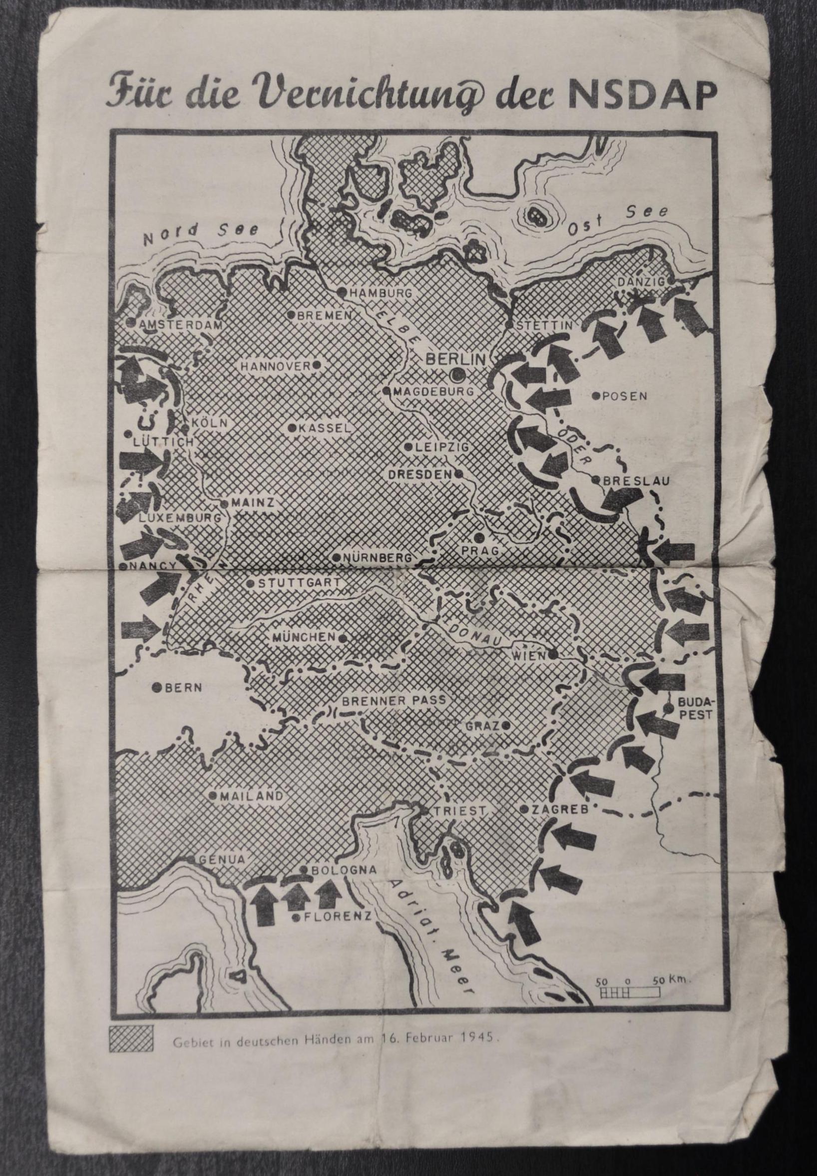 1945 World War Two Allies Anti-German Leaflet and Map - Newspaper Article by Allies Against Axis Forces - Allied Military Propaganda Leaflet