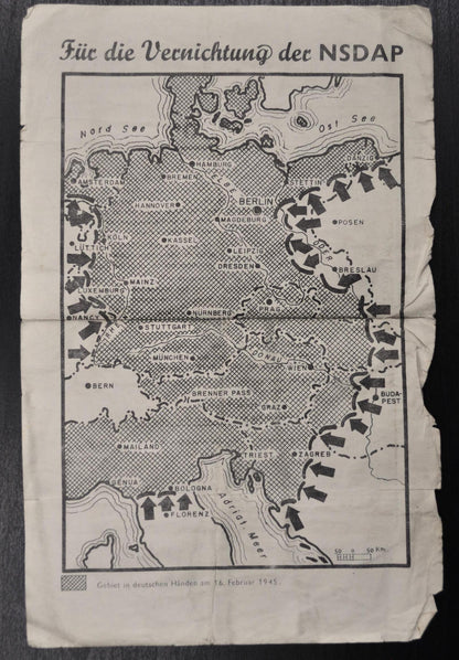 1945 World War Two Allies Anti-German Leaflet and Map - Newspaper Article by Allies Against Axis Forces - Allied Military Propaganda Leaflet