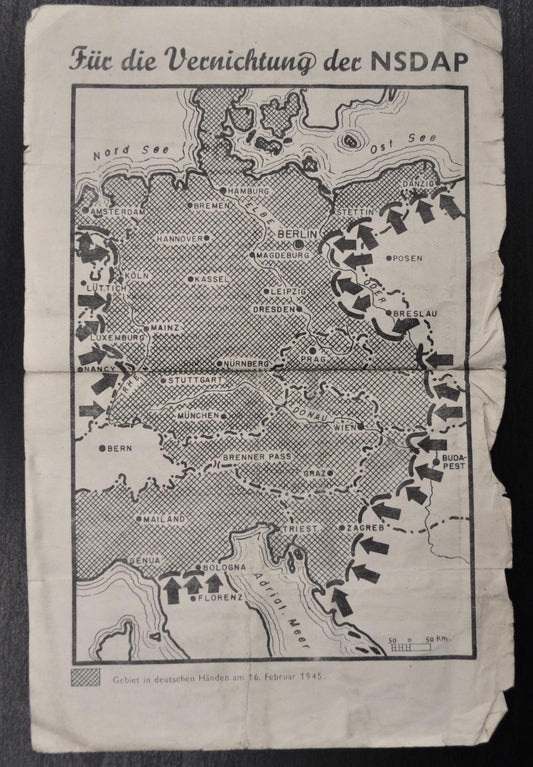1945 World War Two Allies Anti-German Leaflet and Map - Newspaper Article by Allies Against Axis Forces - Allied Military Propaganda Leaflet