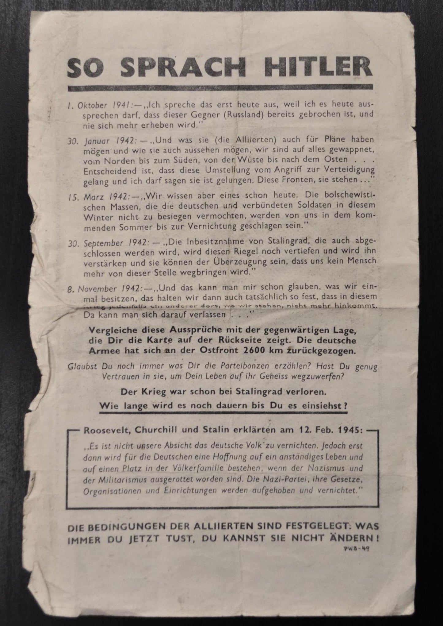 1945 World War Two Allies Anti-German Leaflet and Map - Newspaper Article by Allies Against Axis Forces - Allied Military Propaganda Leaflet