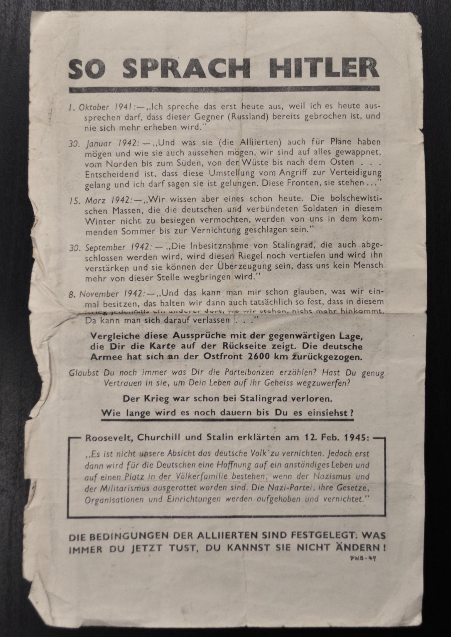 1945 World War Two Allies Anti-German Leaflet and Map - Newspaper Article by Allies Against Axis Forces - Allied Military Propaganda Leaflet