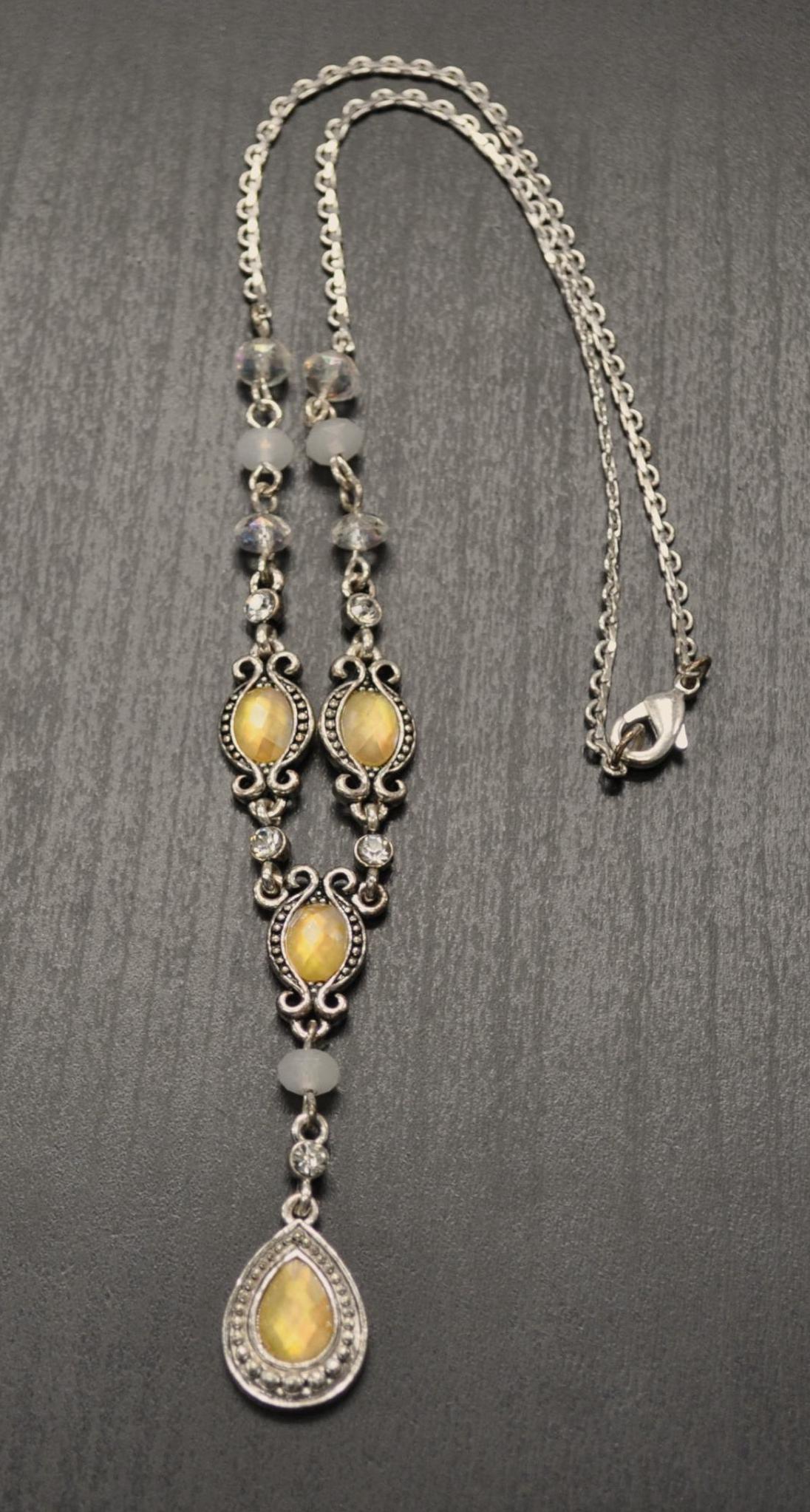 Vintage Avon Silver-Toned Goddess Teardrop Lariat Y Drop Necklace - Avon Signed Necklace- Vintage Avon Silver Yellow Goddess Y-Drop Necklace