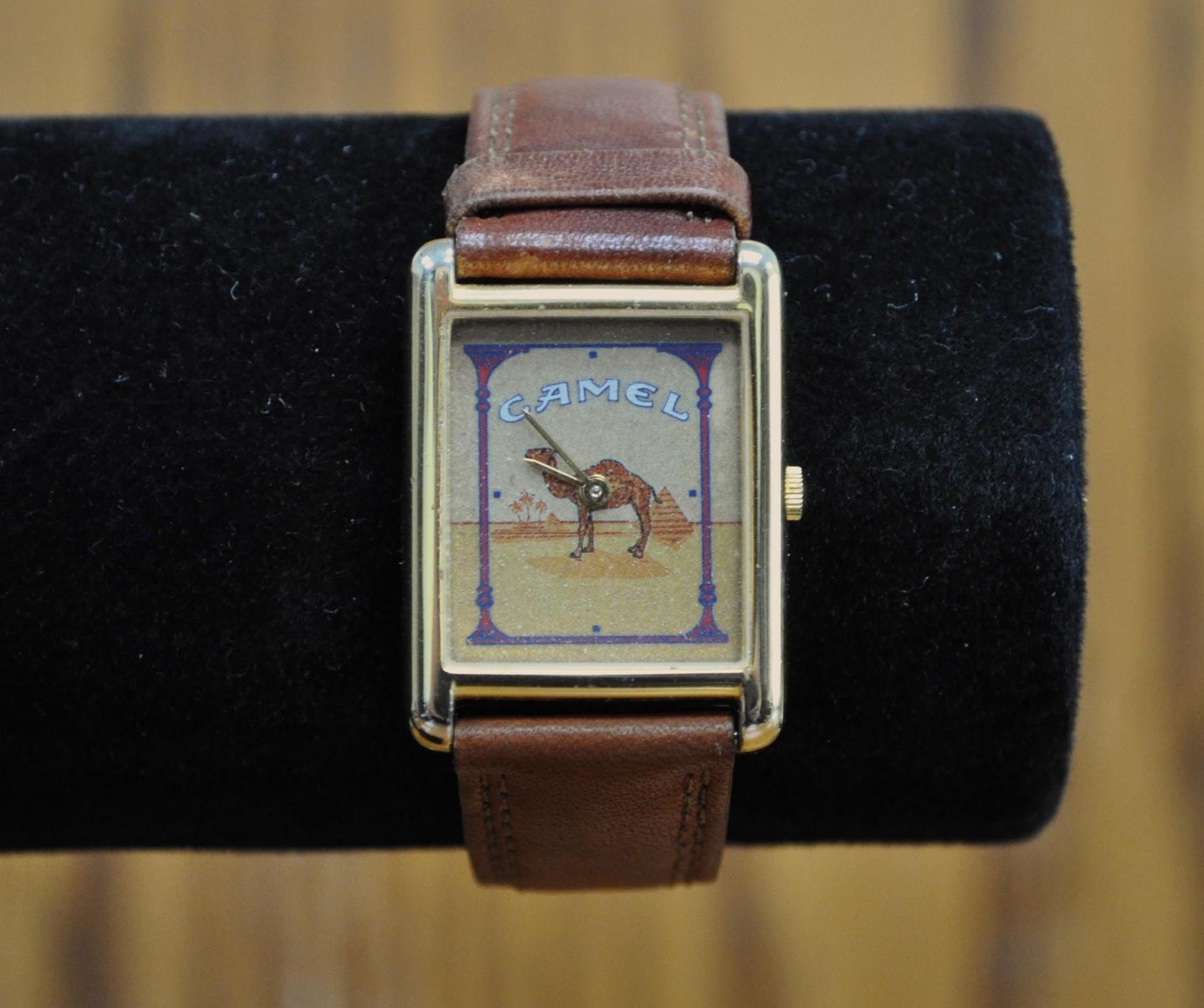 Vintage Camel Cigarette Gold-Toned Tank Watch - Does Not Work! - Genuine Leather Band - 90s Joe Camel Cigarette Sweda Watch