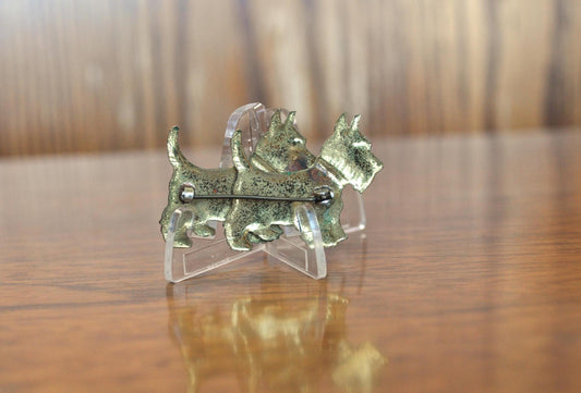 Vintage Art Deco Double Brass Scottie Brooch Pin - Double Scottish Terrier Dogs Pin - Gold Toned Scottish Terrier Walk Pin
