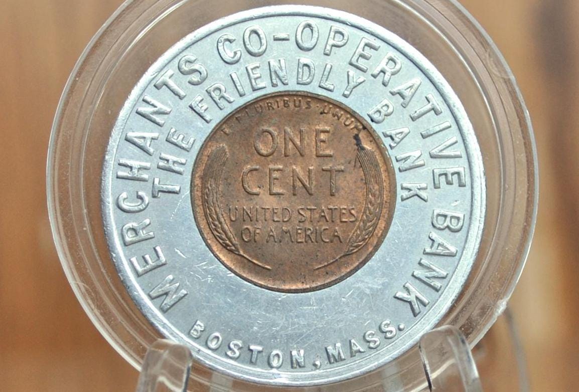 Merchant Bank Boston Good Luck Token - 125 Trentmont at Park St. Boston - The Friendly Bank - Good Luck Pocket Piece 1958 Encased Penny