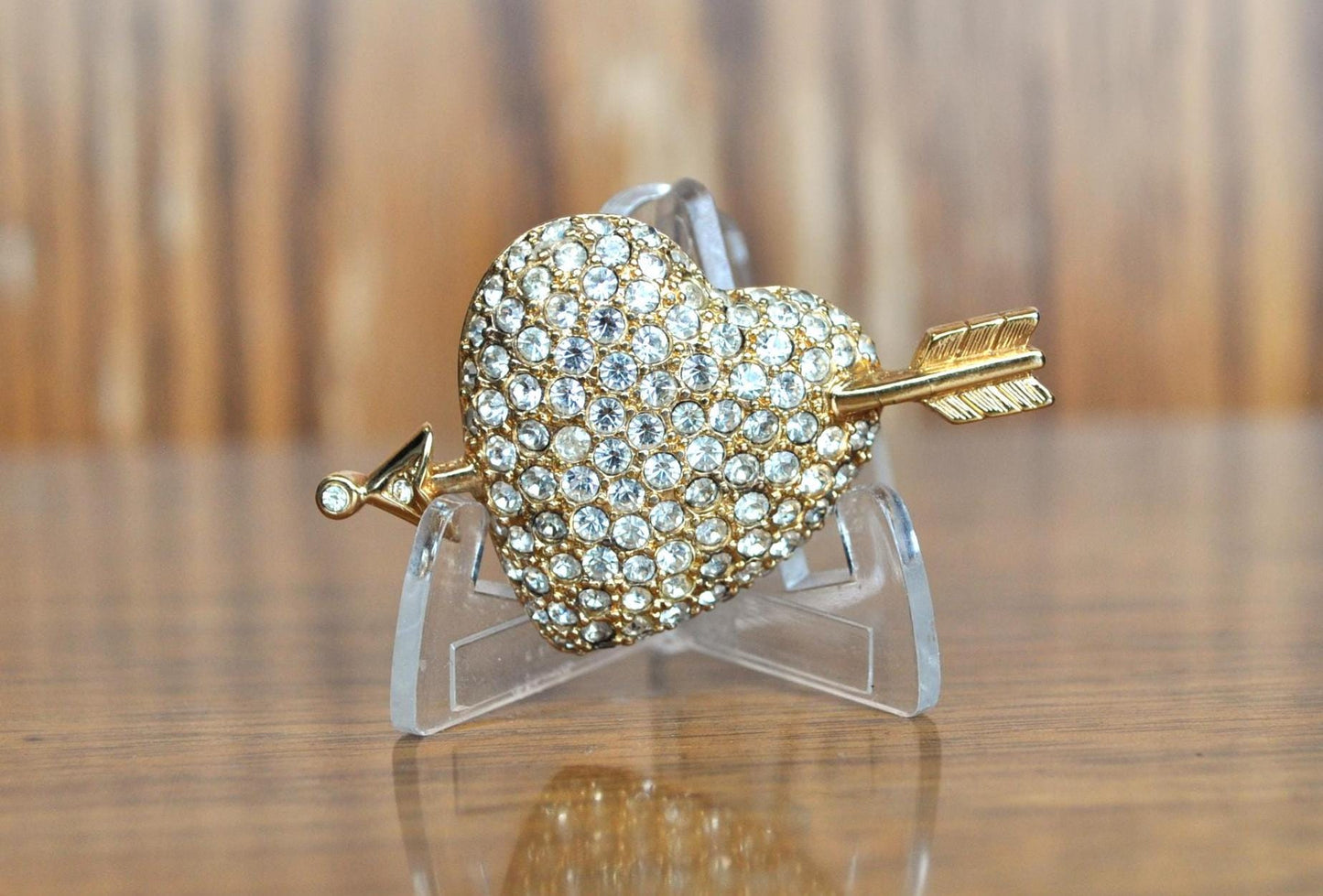 Amazing Swarovski Arrow in Heart Gold Tone and Crystal Brooch Pin - Swarovski Arrow in Heart - Swarovski Jewelry